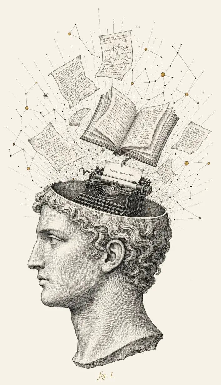 Engraving of a classical head in profile with a typewriter, open book, and constellation of linked notes emerging from the mind